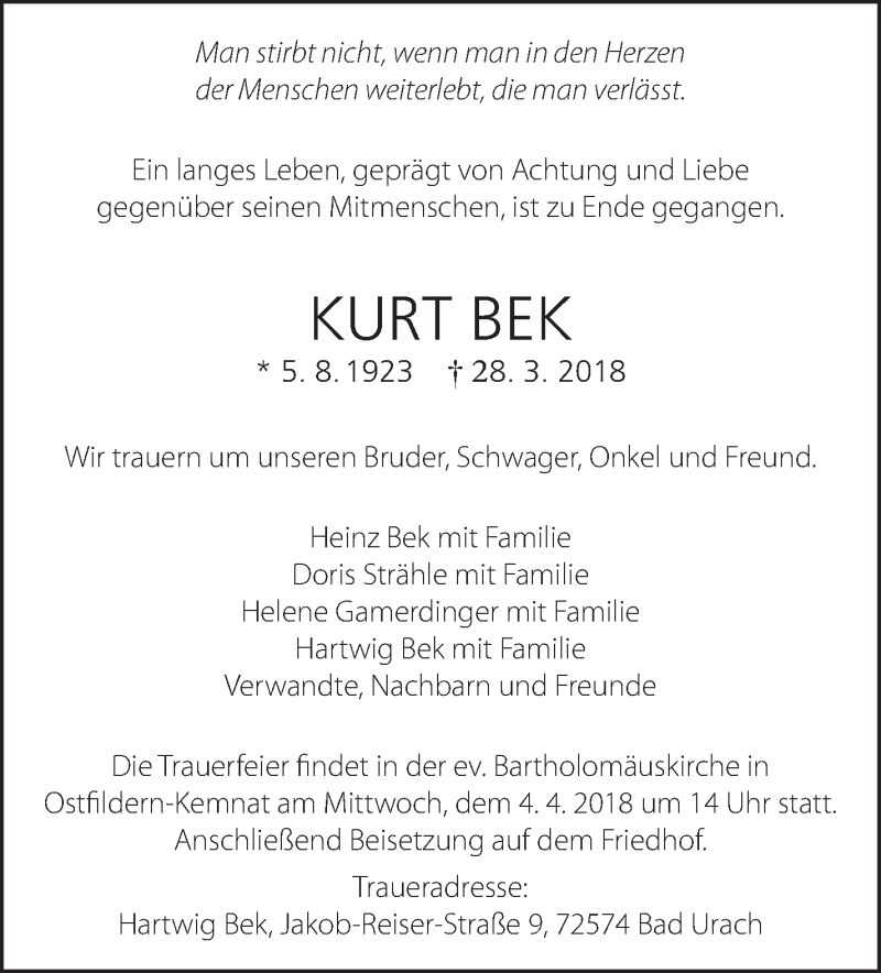  Traueranzeige für Kurt Bek vom 31.03.2018 aus Eßlinger Zeitung/Cannstatter Zeitung