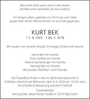 Traueranzeige von Kurt Bek von Eßlinger Zeitung/Cannstatter Zeitung