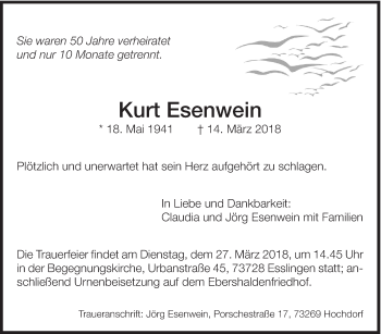 Traueranzeige von Kurt Esenwein von Eßlinger Zeitung/Cannstatter Zeitung