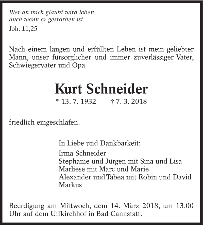  Traueranzeige für Kurt Schneider vom 10.03.2018 aus Eßlinger Zeitung/Cannstatter Zeitung