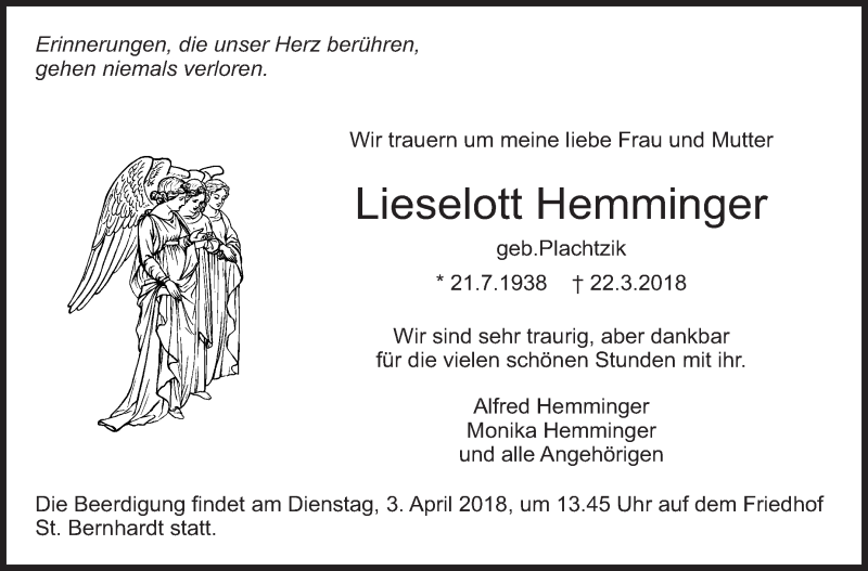  Traueranzeige für Lieselott Hemminger vom 31.03.2018 aus Eßlinger Zeitung/Cannstatter Zeitung
