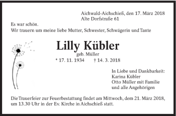 Traueranzeige von Lilly Kübler von Eßlinger Zeitung/Cannstatter Zeitung