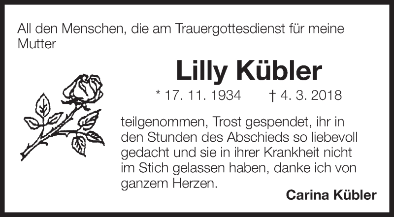  Traueranzeige für Lilly Kübler vom 31.03.2018 aus Eßlinger Zeitung/Cannstatter Zeitung