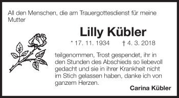 Traueranzeige von Lilly Kübler von Eßlinger Zeitung/Cannstatter Zeitung