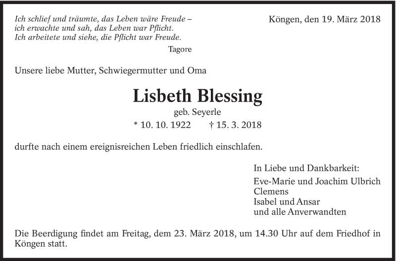  Traueranzeige für Lisbeth Blessing vom 19.03.2018 aus Eßlinger Zeitung/Cannstatter Zeitung