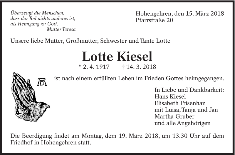  Traueranzeige für Lotte Kiesel vom 15.03.2018 aus Eßlinger Zeitung/Cannstatter Zeitung
