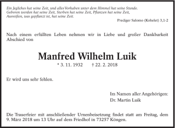 Traueranzeige von Manfred Wilhelm Luik von Eßlinger Zeitung/Cannstatter Zeitung