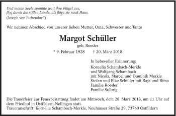 Traueranzeige von Margot Schüller von Eßlinger Zeitung/Cannstatter Zeitung