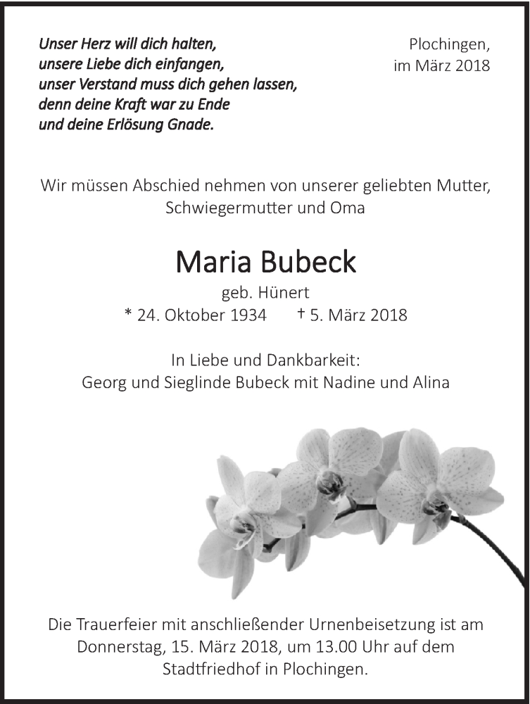  Traueranzeige für Maria Bubeck vom 10.03.2018 aus Eßlinger Zeitung/Cannstatter Zeitung