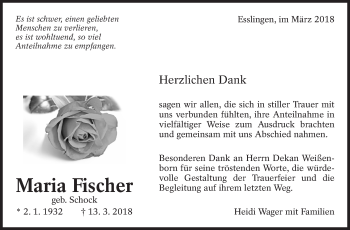 Traueranzeige von Maria Fischer von Eßlinger Zeitung/Cannstatter Zeitung