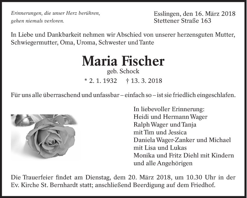  Traueranzeige für Maria Fischer vom 16.03.2018 aus Eßlinger Zeitung/Cannstatter Zeitung