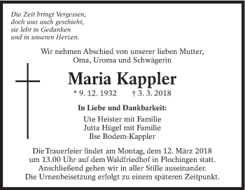 Traueranzeige von Maria Kappler von Eßlinger Zeitung/Cannstatter Zeitung