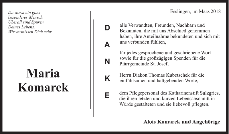  Traueranzeige für Maria Komarek vom 17.03.2018 aus Eßlinger Zeitung/Cannstatter Zeitung