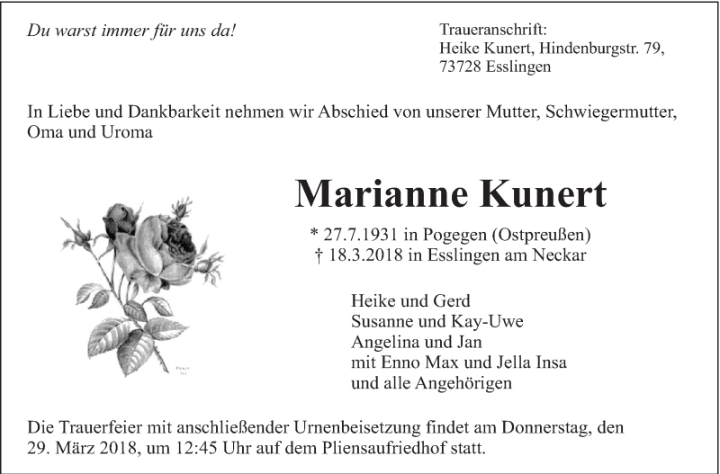  Traueranzeige für Marianne Kunert vom 24.03.2018 aus Eßlinger Zeitung/Cannstatter Zeitung