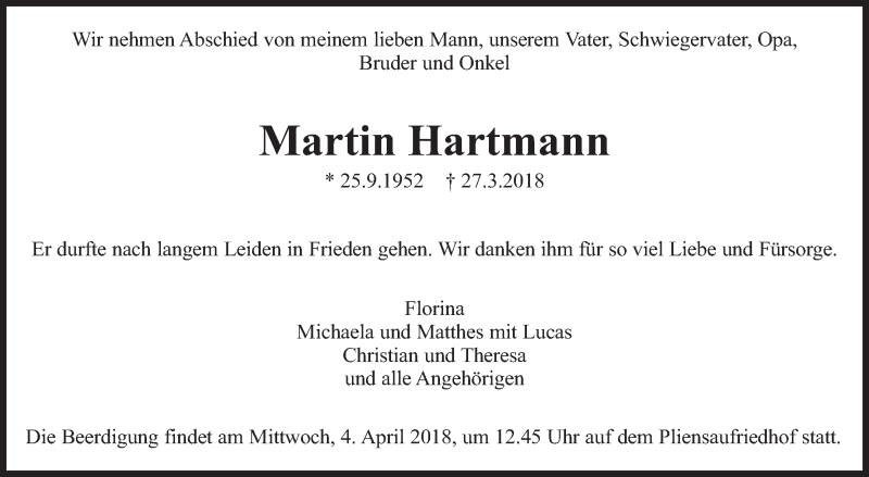  Traueranzeige für Martin Hartmann vom 31.03.2018 aus Eßlinger Zeitung/Cannstatter Zeitung