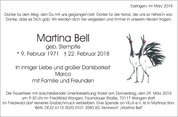 Traueranzeige von Martina Bell von Eßlinger Zeitung/Cannstatter Zeitung