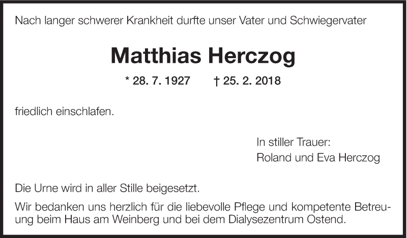  Traueranzeige für Matthias Herczog vom 01.03.2018 aus Eßlinger Zeitung/Cannstatter Zeitung