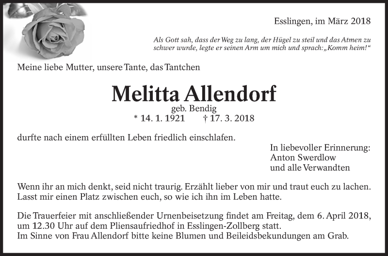  Traueranzeige für Melitta Allendorf vom 31.03.2018 aus Eßlinger Zeitung/Cannstatter Zeitung