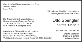 Traueranzeige von Otto Spengler von Eßlinger Zeitung/Cannstatter Zeitung