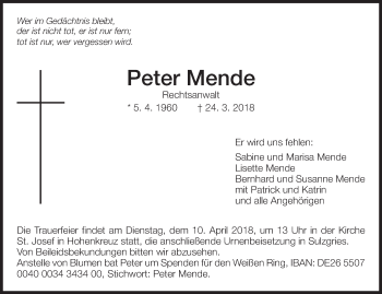 Traueranzeige von Peter Mende von Eßlinger Zeitung/Cannstatter Zeitung
