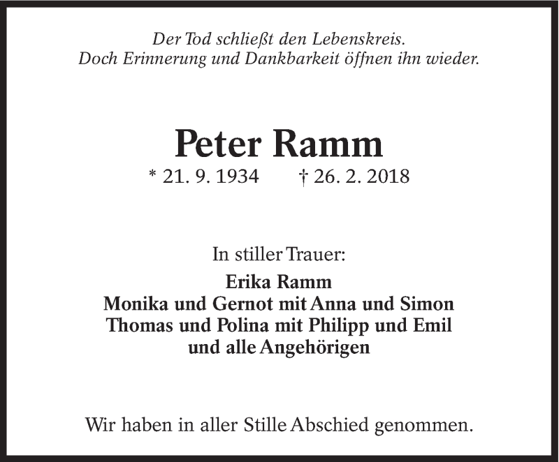  Traueranzeige für Peter Ramm vom 26.03.2018 aus Eßlinger Zeitung/Cannstatter Zeitung