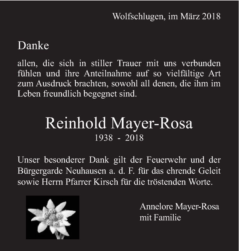  Traueranzeige für Reinhold Mayer-Rosa vom 10.03.2018 aus Eßlinger Zeitung/Cannstatter Zeitung