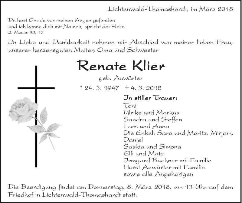  Traueranzeige für Renate Klier vom 06.03.2018 aus Eßlinger Zeitung/Cannstatter Zeitung