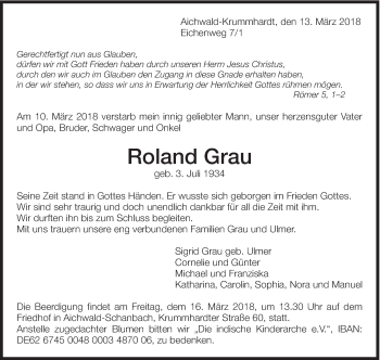 Traueranzeige von Roland Grau von Eßlinger Zeitung/Cannstatter Zeitung