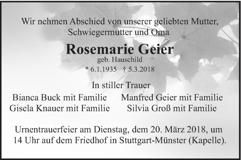  Traueranzeige für Rosemarie Geier vom 17.03.2018 aus Eßlinger Zeitung/Cannstatter Zeitung