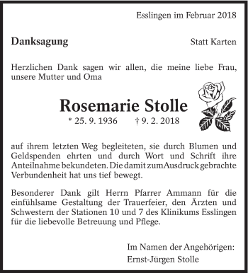 Traueranzeige von Rosemarie Stolle von Eßlinger Zeitung/Cannstatter Zeitung
