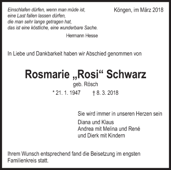 Traueranzeige von Rosmarie Schwarz von Eßlinger Zeitung/Cannstatter Zeitung