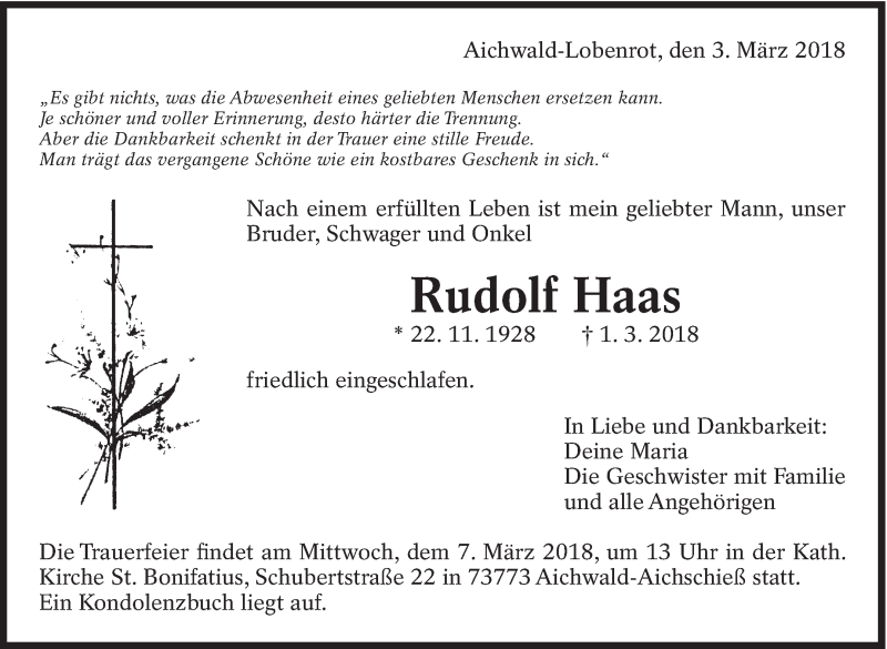  Traueranzeige für Rudolf Haas vom 03.03.2018 aus Eßlinger Zeitung/Cannstatter Zeitung