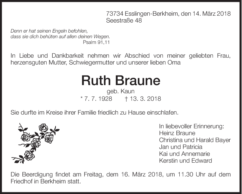  Traueranzeige für Ruth Braune vom 14.03.2018 aus Eßlinger Zeitung/Cannstatter Zeitung