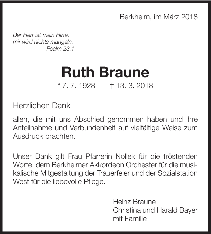  Traueranzeige für Ruth Braune vom 23.03.2018 aus Eßlinger Zeitung/Cannstatter Zeitung