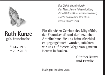 Traueranzeige von Ruth Kunze von Eßlinger Zeitung/Cannstatter Zeitung