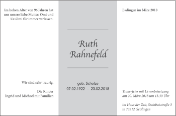 Traueranzeige von Ruth Rahnefeld von Eßlinger Zeitung/Cannstatter Zeitung