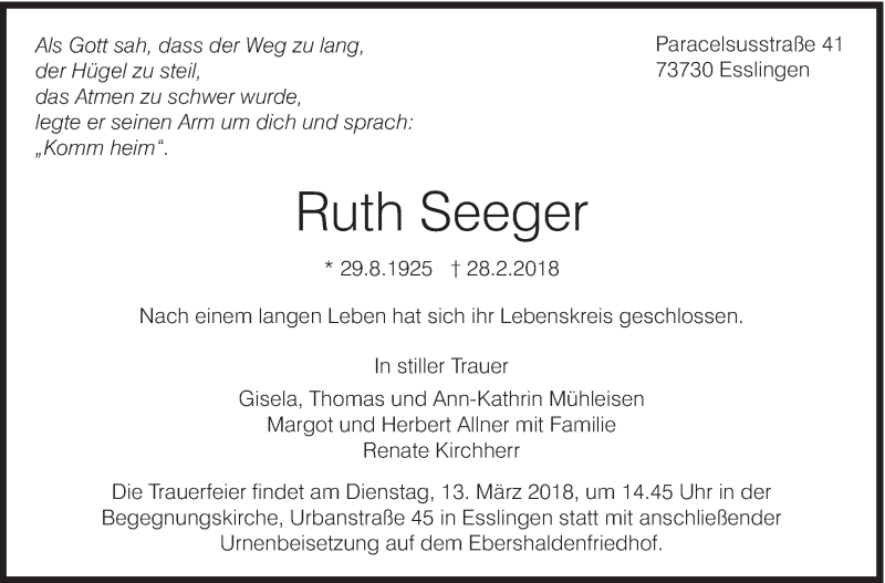  Traueranzeige für Ruth Seeger vom 08.03.2018 aus Eßlinger Zeitung/Cannstatter Zeitung