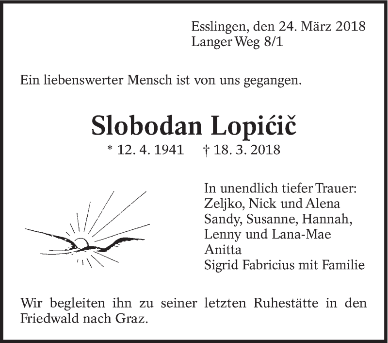  Traueranzeige für Slobodan Lopicic vom 24.03.2018 aus Eßlinger Zeitung/Cannstatter Zeitung