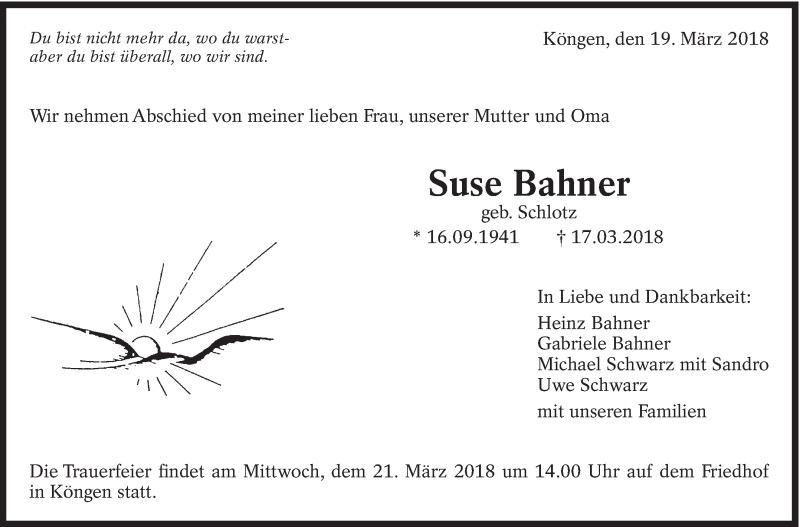 Traueranzeige für Suse Bahner vom 19.03.2018 aus Eßlinger Zeitung/Cannstatter Zeitung