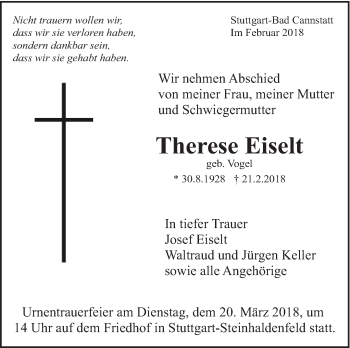 Traueranzeige von Therese Eiselt von Eßlinger Zeitung/Cannstatter Zeitung