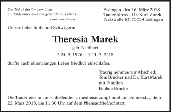 Traueranzeige von Theresia Marek von Eßlinger Zeitung/Cannstatter Zeitung