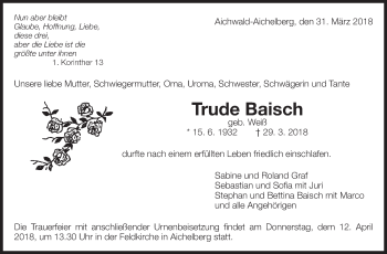 Traueranzeige von Trude Baisch von Eßlinger Zeitung/Cannstatter Zeitung