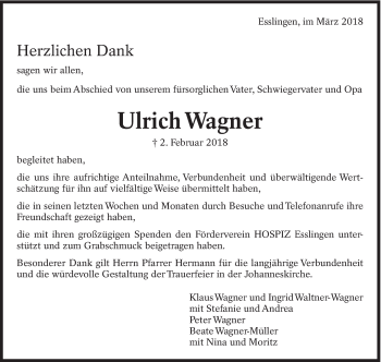 Traueranzeige von Ulrich Wagner von Eßlinger Zeitung/Cannstatter Zeitung
