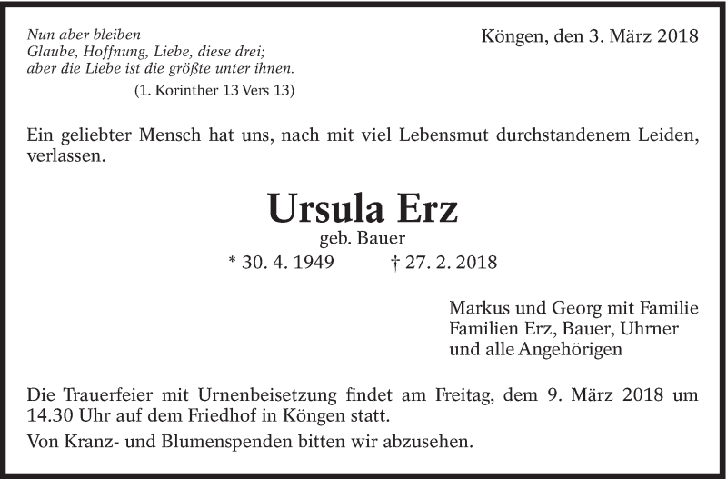  Traueranzeige für Ursula Erz vom 03.03.2018 aus Eßlinger Zeitung/Cannstatter Zeitung