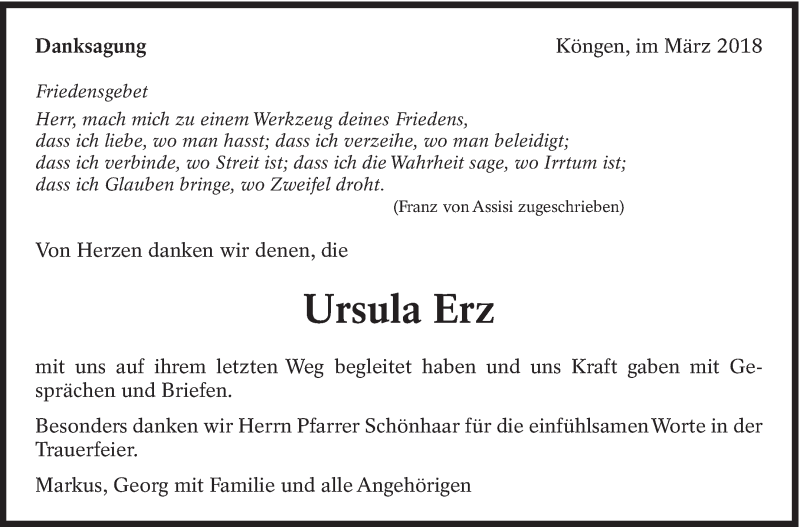  Traueranzeige für Ursula Erz vom 17.03.2018 aus Eßlinger Zeitung/Cannstatter Zeitung
