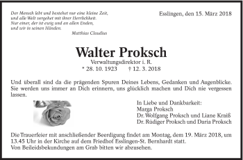 Traueranzeige von Walter Proksch von Eßlinger Zeitung/Cannstatter Zeitung