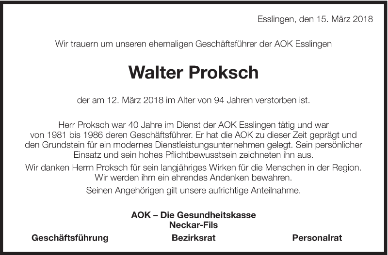  Traueranzeige für Walter Proksch vom 15.03.2018 aus Eßlinger Zeitung/Cannstatter Zeitung