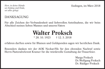 Traueranzeige von Walter Proksch von Eßlinger Zeitung/Cannstatter Zeitung