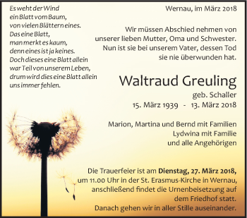 Traueranzeige von Waltraud Greuling von Eßlinger Zeitung/Cannstatter Zeitung