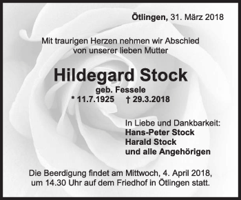 Traueranzeige von hildegard Stock von Eßlinger Zeitung/Cannstatter Zeitung